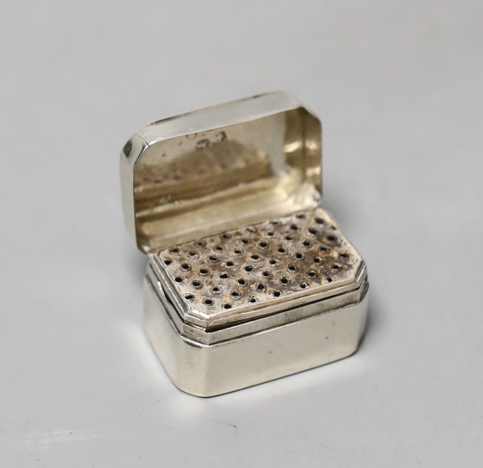 A George III silver rectangular nutmeg grater, Thomas Wilmore, Birmingham, 1791, 35mm.